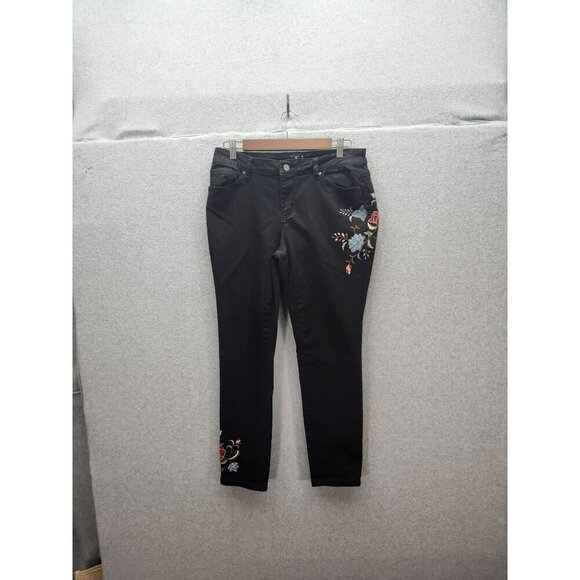 Earl Jeans Black Skinny Ankle Embroidered Floral Pants Womens Size 12 Cotton/Spa - Picture 1 of 9